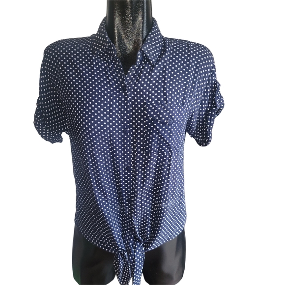 Love Notes Navy Blue Polka Dot Short Sleeve Button Up Top S - Picture 1 of 6